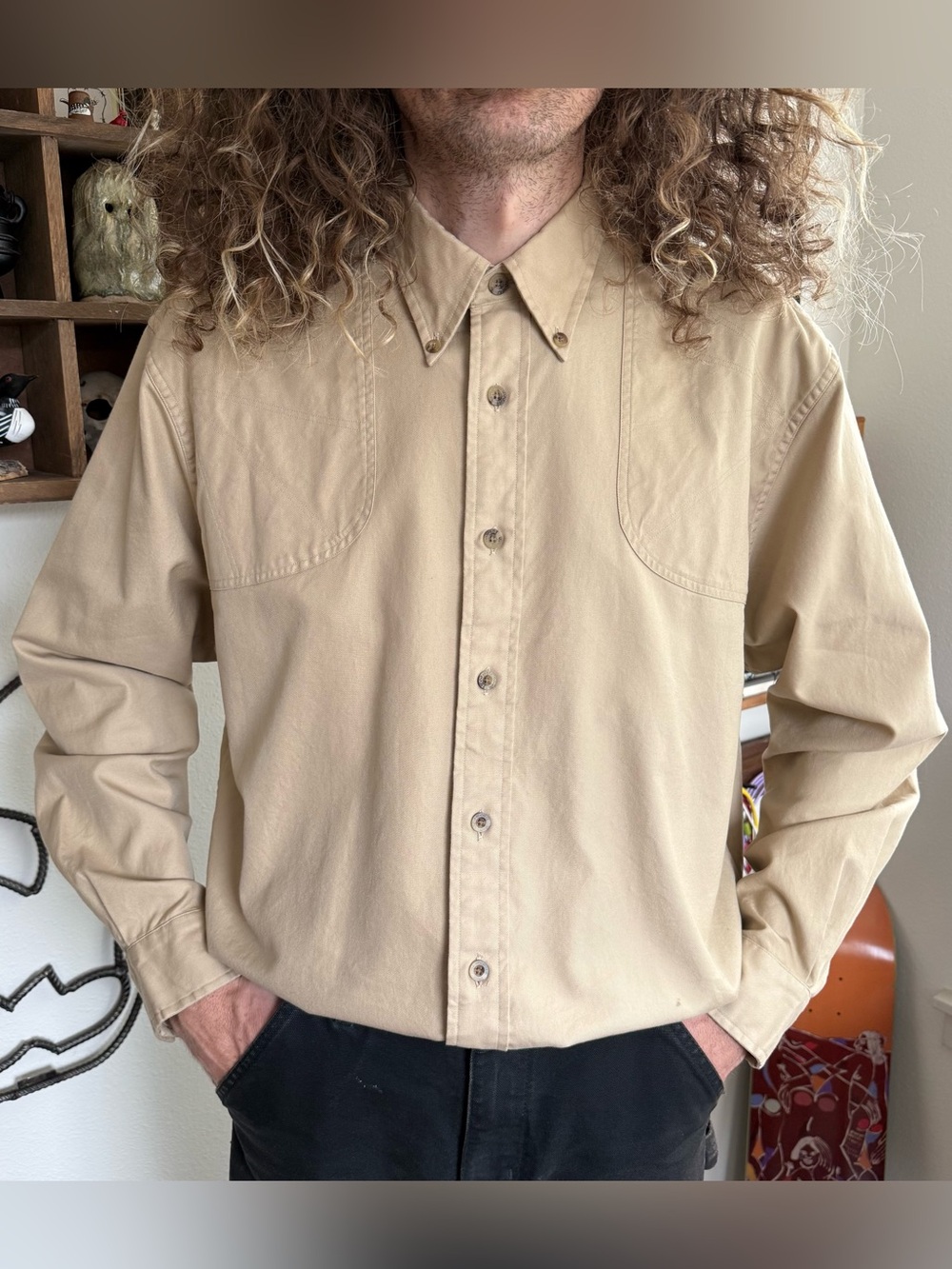 Filson Twill Shoulder-Patch Tan L/S Hunting Shirt ~ Size Large